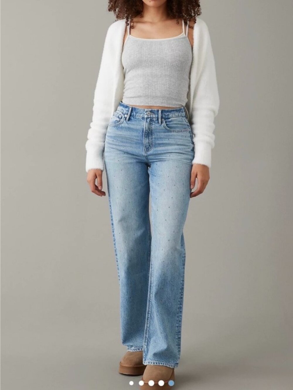 American Eagle Jeans Super High Rise Baggy Straight Strigid Crystal Embellished